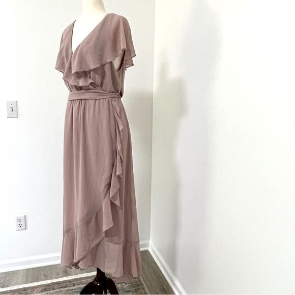 Show Me Your MuMu Jess Ruffle MIDI Dress Neutral Mauve Chiffon XL Wedding Party - Picture 8 of 16